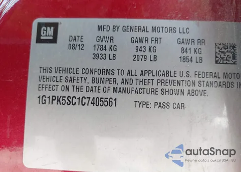 2012 Chevrolet Cruze Eco from USA, damaged, VIN 1G1PK5SC1C7405561